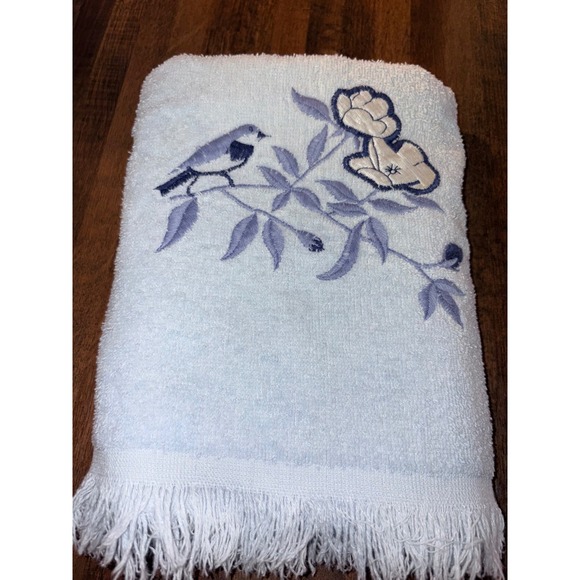 Other - Vintage Style Blue Embroidered Bird and Floral Bath Towel with Fringe Hem